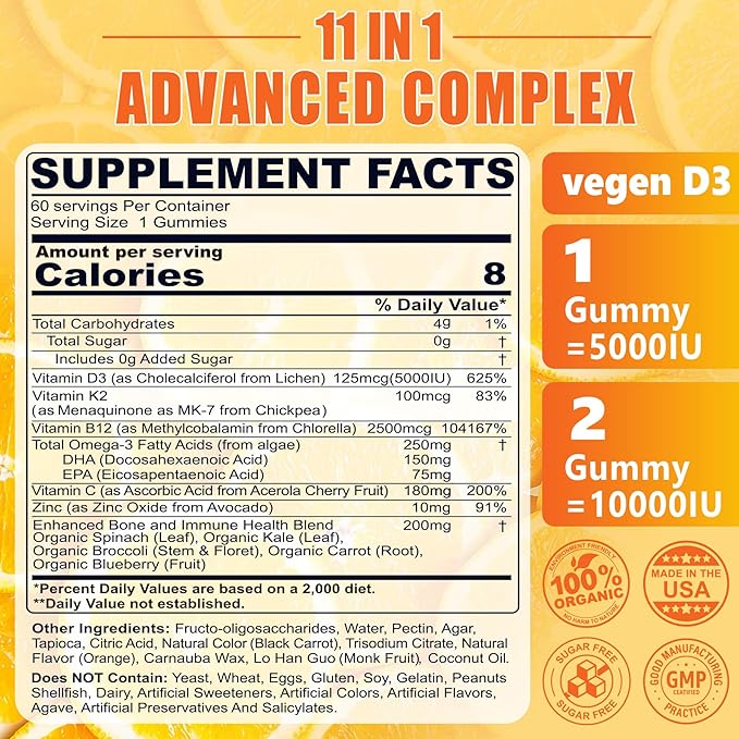 Vitamin D3 K2 Gummies 5000IU / 10,000 IU with Omega-3 250mg + K2(MK-7) 100mcg - 5X Absorption Than Standard D3K2,with Vitamin C, Zinc,and 5 Organic Vegetables,Supports Bone & Teeth Strength, Immune