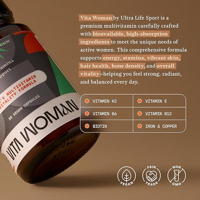 Ultra Life Sport - VITA Woman Premium Multivitamin for Women - 30 Capsule Daily Vitamins for Women with Vitamin E, K2 MK-7, and B for Maximum Absorption - 100% Vegan, Organic, Non-GMO, Gluten Free