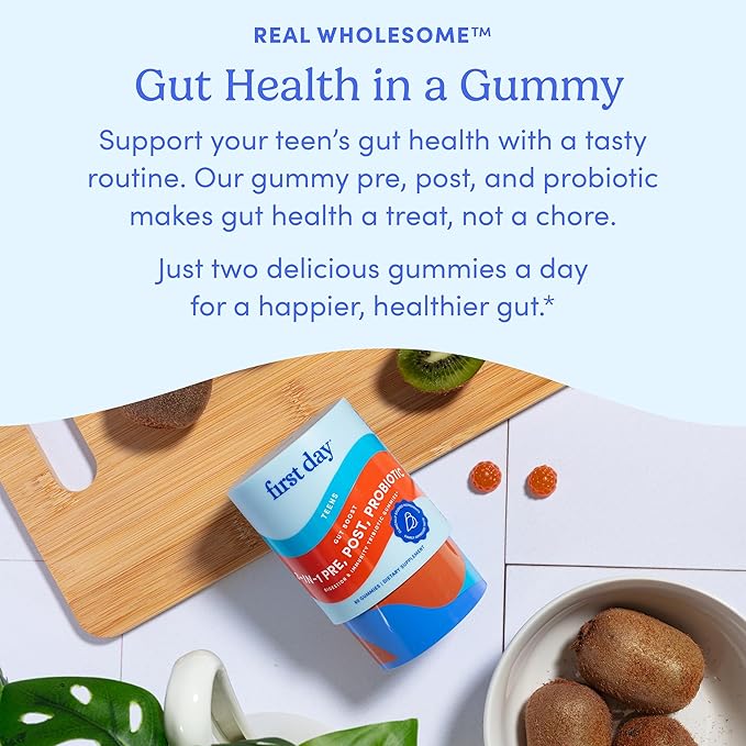 FIRST DAY Vitamins for Teens 3-in-1 Probiotic Gummies - Prebiotic + Probiotic + Postbiotic for Teens Girls & Boys 12-17 – Skin Health, Digestive & Oral Health, Immunity, Energy – 30-Day Supply
