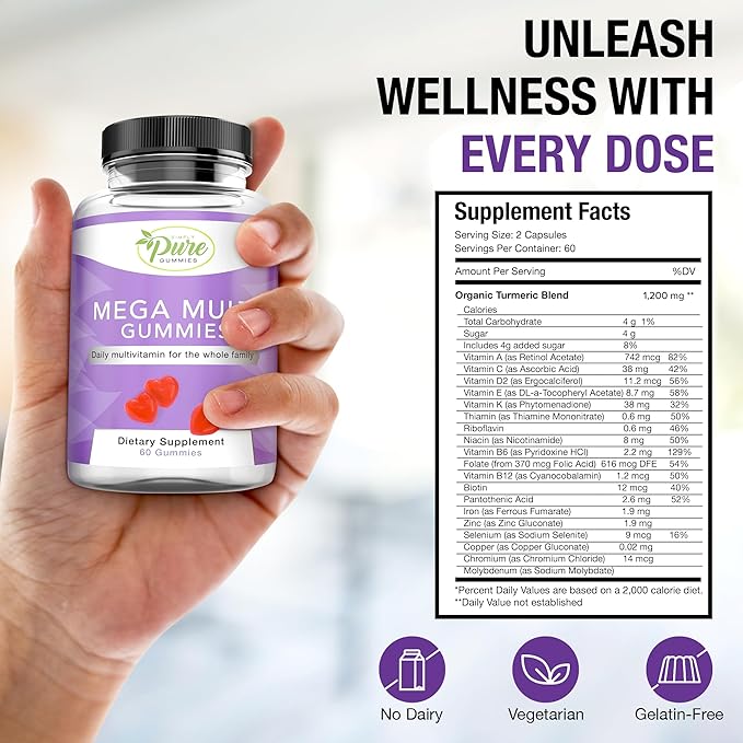 Pure By Nature Mega Multi Gummies, Multivitamin Gummies for Women & Men, Kids Multivitamin Gummies with A, D2, C, E, K, Biotin, Folic Acid, Natural Flavored, 60 Count