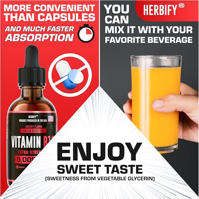 HERBIFY Vitamin B12 Methylated Multivitamin Energy Supplements for Women & Men - Liquid B12 Vitamins 5000 Mcg Methylcobalamin - Energy Support and Immune Health Liquid Vitamin 2 Oz