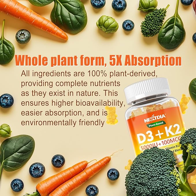 Vitamin D3 K2 Gummies 5000IU / 10,000 IU with Omega-3 250mg + K2(MK-7) 100mcg - 5X Absorption Than Standard D3K2,with Vitamin C, Zinc,and 5 Organic Vegetables,Supports Bone & Teeth Strength, Immune