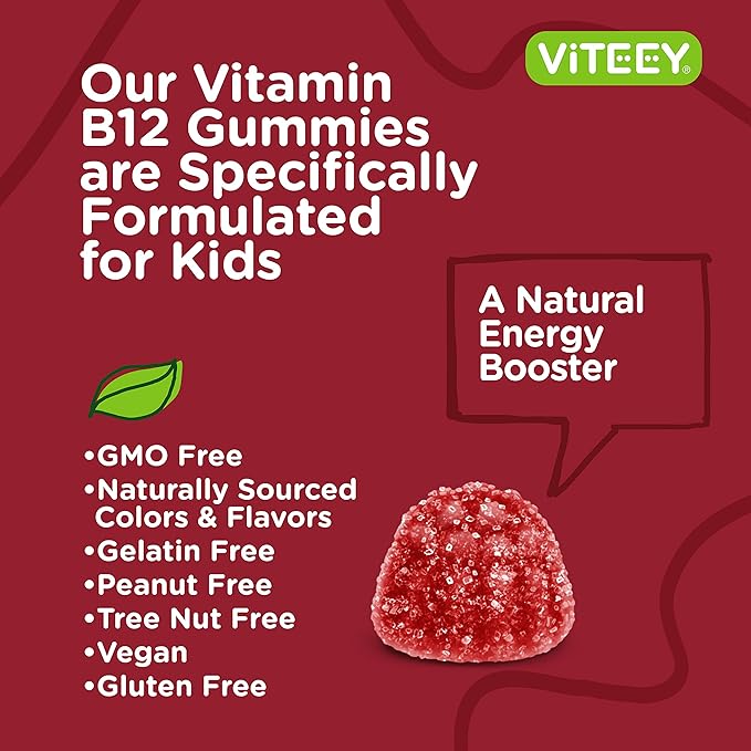 Viteey Vitamin B12 for Kids Gummies, 1000mcg - Metabolism, Natural Energy Support - Vegan, Gelatin Free, Gluten Free, GMO Free - Tasty Chewable B12 Raspberry Flavored Gummy