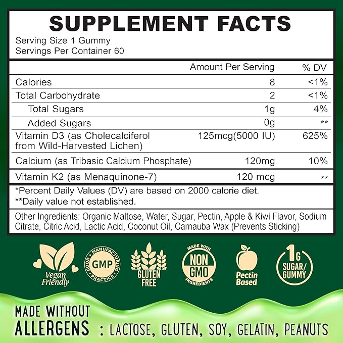 Center-Filled Vitamin D3 K2 Gummies - Kids, Teens & Adults - Supplement for Healthy Teeth, Bone, Energy & Immunity - 5000 IU D3, 120 mcg K2(MK-7), 120 mg Calcium - Vegan & Non-GMO - 60 Count