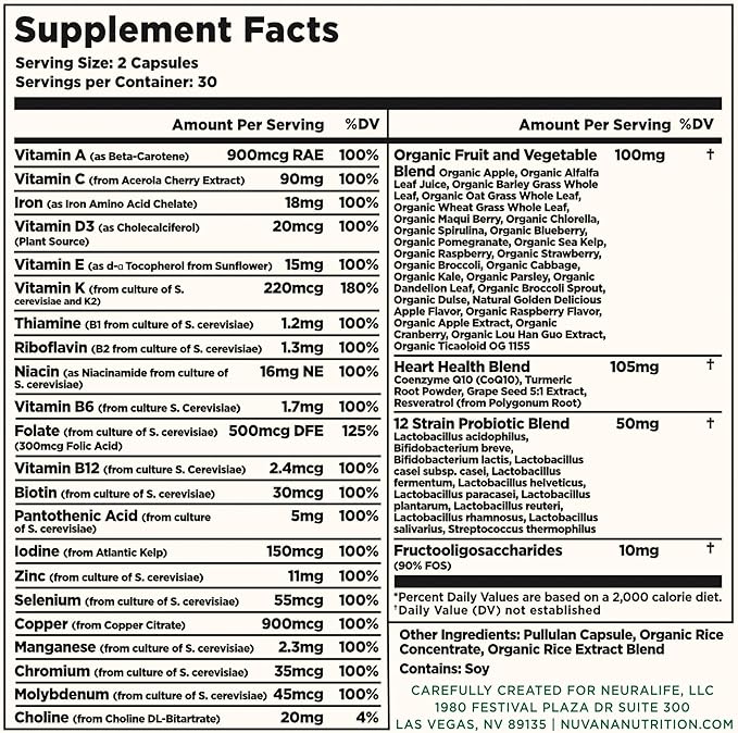 Multifood Whole Food Multivitamin for Men & Women | 21 Organic Fruits & Vegtables | Boosts Energy, Supports Gut & Immune Health | Prebiotics & Probiotics | 60 Capsules