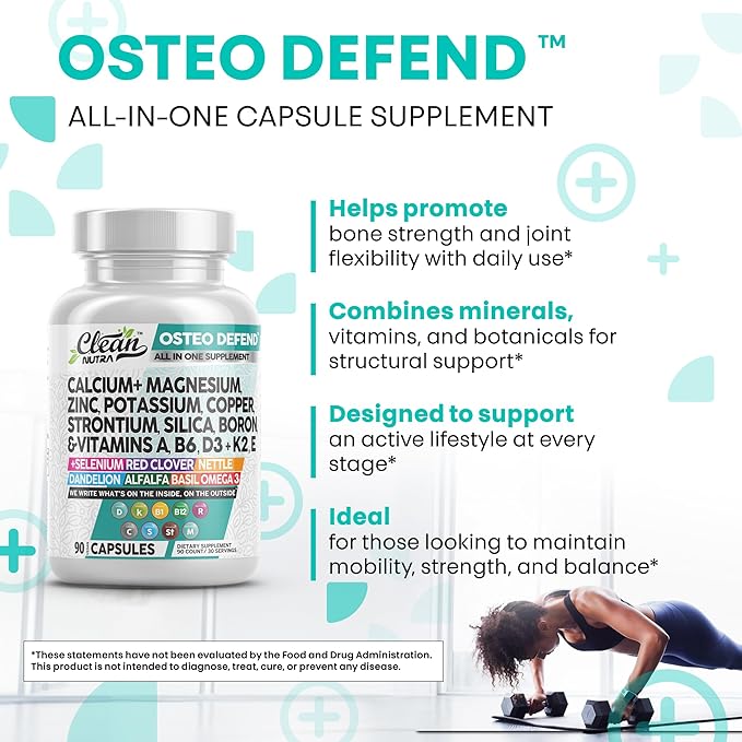 Clean Nutraceuticals Calcium Magnesium Zinc Supplement with Potassium, Copper, Strontium, Silica, Vitamin D3 K2, Boron, Vitamin B1 B12 Red Clover Herb Alfalfa Basil Pills for Men & Women Osteo Defend