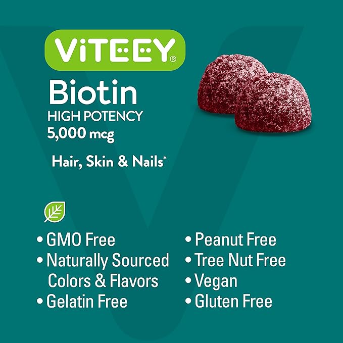 Viteey Biotin Gummies for Hair Skin and Nails - Biotin for Hair Growth Gummies - 5000 mcg - Vegan, Gluten-Free, Non-GMO – 60 Count