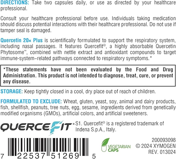 XYMOGEN Quercetin 20× Plus - Quercetin Supplements - Daily Complex with Vitamin C, N-Acetyl-L-Cysteine & Nettles - Formulated for Respiratory Support - Vegan & Gluten-Free (60 Capsules)