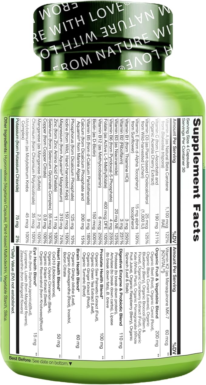NATURELO Whole Food Multivitamin for Men 50+ - with Vitamins, Minerals, Organic Herbal Extracts - Vegan Vegetarian - for Energy, Brain, Heart and Eye Health - 120 Capsules