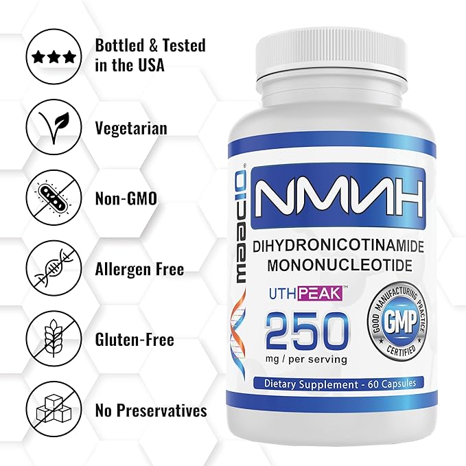 MAAC10 NMNH (NMN Supplement Alternative) 250mg Serving | Uthpeak™ NMNH (Dihydronicotinamide Mononucleotide) for Better Stability | 30-Day Supply.