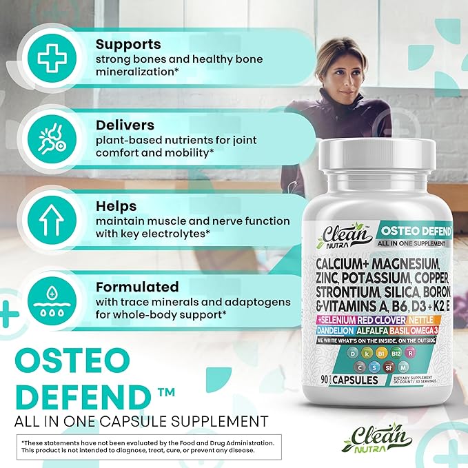 Clean Nutraceuticals Calcium Magnesium Zinc Supplement with Potassium, Copper, Strontium, Silica, Vitamin D3 K2, Boron, Vitamin B1 B12 Red Clover Herb Alfalfa Basil Pills for Men & Women Osteo Defend