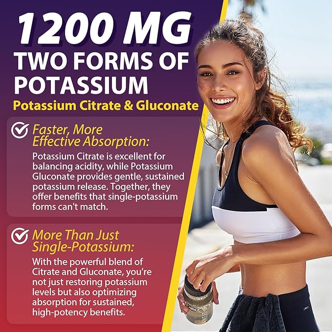 Potassium Citrate and Potassium Gluconate Supplement, 1200mg Two Forms of Potassium Gummies, w/Magnesium, Omega-3, Calcium, Vitamin D3 K2 B12 E B6, Folate for Muscles, Nerves, Health Bones, 120Cts
