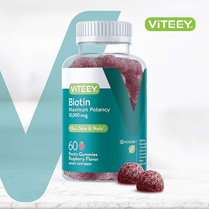 Viteey Biotin Gummies for Hair Skin and Nails - Biotin for Hair Growth Gummies - 10,000 mcg - Vegan, Gluten-Free, Non-GMO – 60 Count