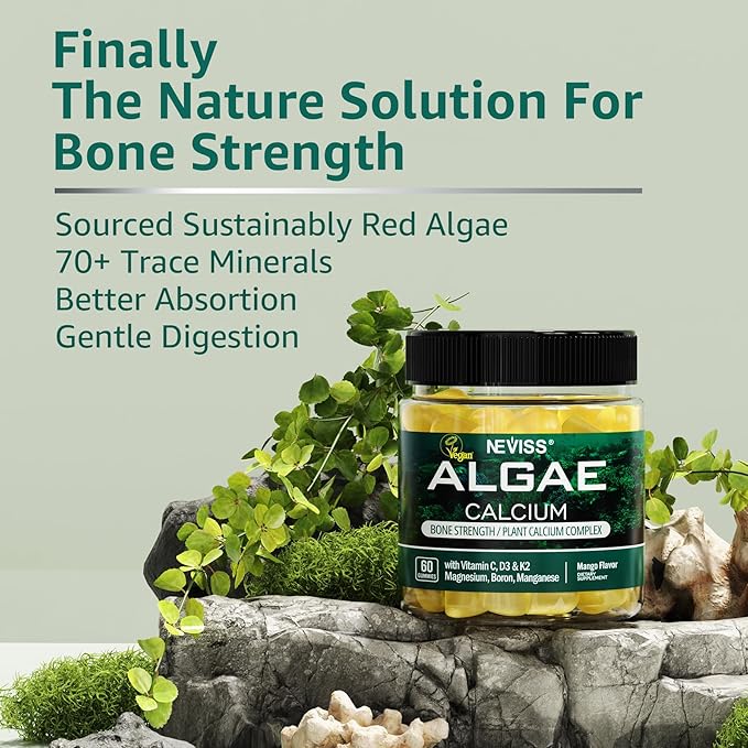 Calcium Gummies for Women + Magneisum Vitamin D3 K2, C, Zinc, Boron, Sustainable Algae (3rd Party Tested) for Bone Strength, Nerve, Calcium Absoption, Sugar Free Calcium Supplement, Vegan, 60 Counts