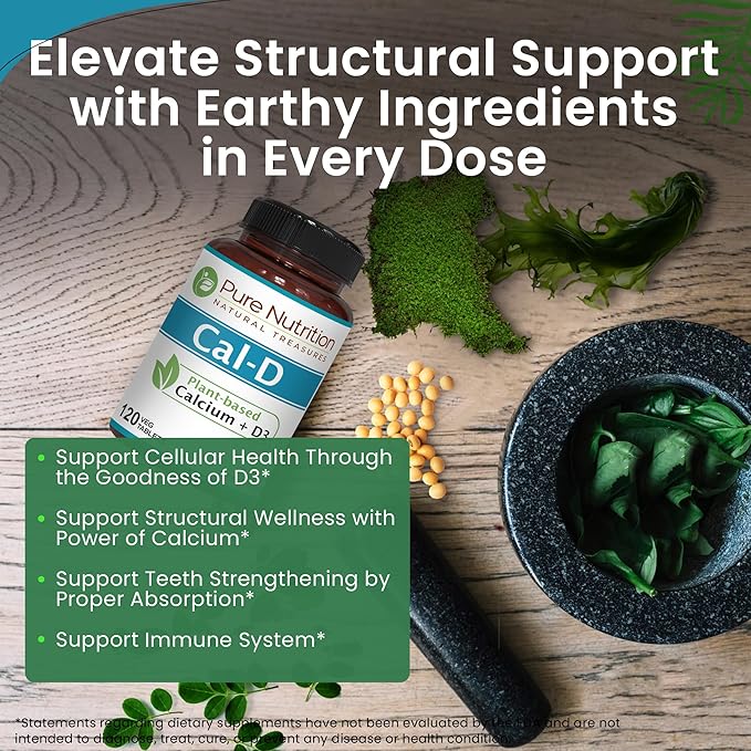 Pure Nutrition Cal D - Plant Based Calcium with VIT D3 K2 & Magnesium | 120 Tabs | 500mg Vegan Calcium per Serving | Algae Calcium Supplement for Bone Health