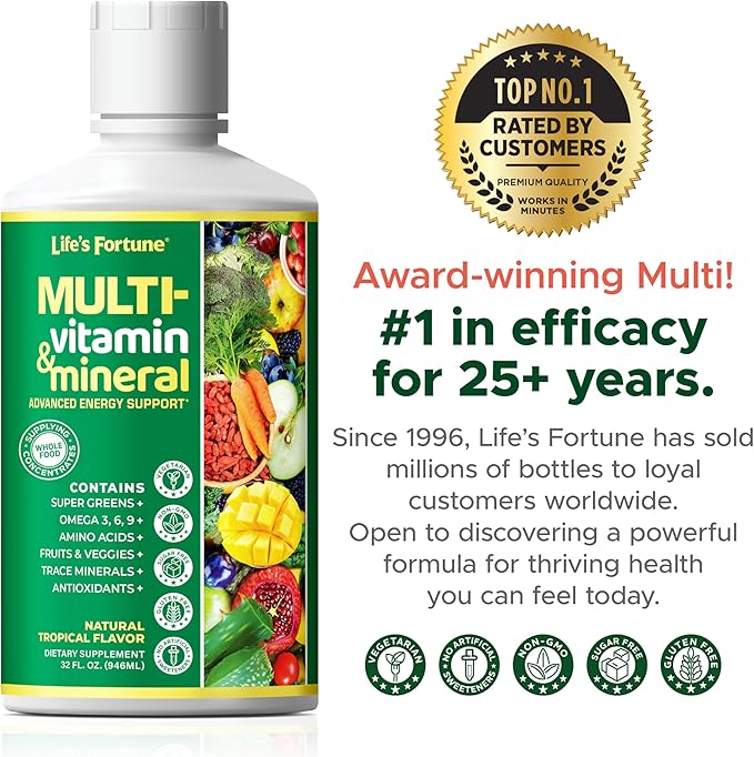 Life's Fortune Liquid Multivitamin for Adults Men & Women, Teens – High Absorption Daily Vitamins – Trace Minerals, Amino Acids with Biotin, L-Arginine, Potassium – Tropical Flavor, Sugar Free, 32 oz