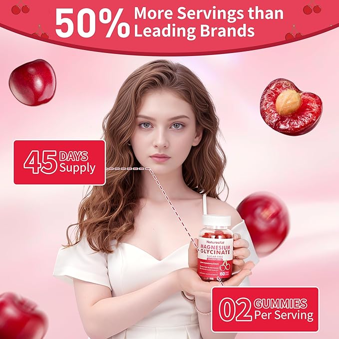 Magnesium Glycinate Gummies 1000mg - Sugar Free Magnesium Potassium Supplement with Vitamin D, B6, CoQ10 for Calm Mood & Sleep Support - 120 Cherry Gummies -2 Pack