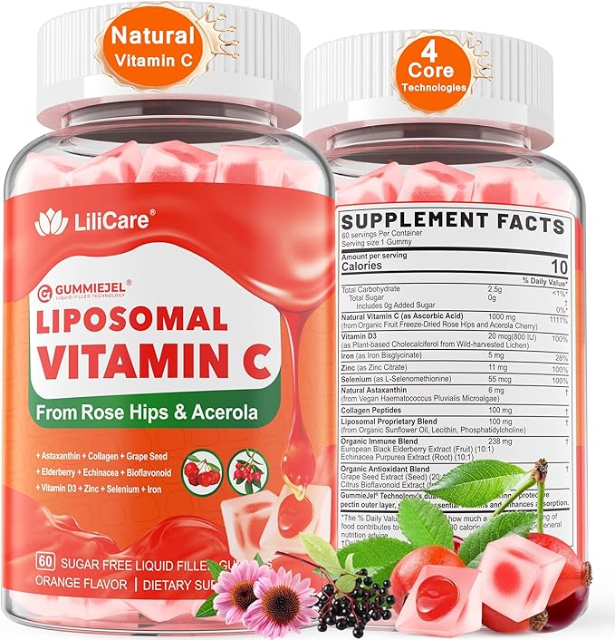 Natural Liposomal Vitamin C 1000mg Gummies for Adults Kids 9+, 1660mg Chewable Vitamin C w/ 11mg Zinc, D3, Elderberry, Echinacea, Bioflavonoid, Astaxanthin - Organic VIT C from Fruits, Sugar Free