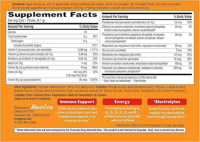 Emergen-C 1000mg Vitamin C Immune Support Powder Super Orange 90CT includes Zinc, Manganese, 7 B Vitamins and Electrolytes for Back to School Essentials
