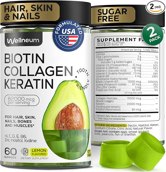 Biotin and Collagen Peptide Gummies for Hair Growth, Skin and Nails - 82000 Mcg per Serving - Biotin Chewables with Keratin Max Strength - Beauty Gummies for Women and Men - Sugar Free, Non-GMO