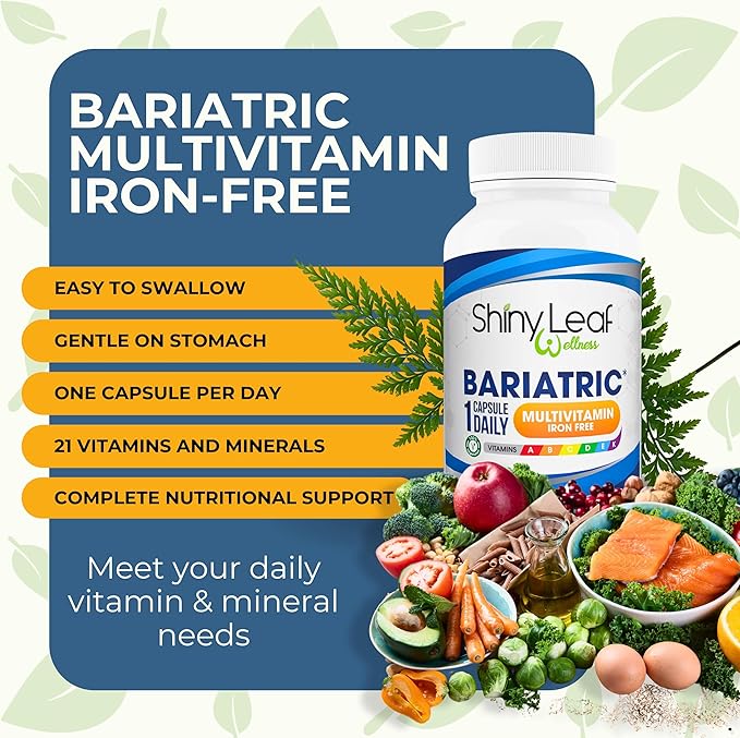 Shiny Leaf Bariatric Multivitamin Without Iron - Vitamins for Gastric Bypass & Sleeve, 1 Daily Capsule W Vitamin A, C, D, Biotin, Zinc, B12, K, Vegetarian, Soy-Free, GMP Cert., Made in USA (30 Ct.)