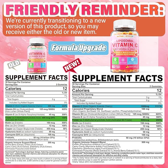 Liposomal Vitamin C 1000/200mg + D3 5000IU Zinc Gummies, Elderberry Echinacea for Immune, Folate, Hyaluronic Acid, Copper, VE for Beauty, CoQ10 Energy, Overall Health, Sugar Free, Chewable, Natural