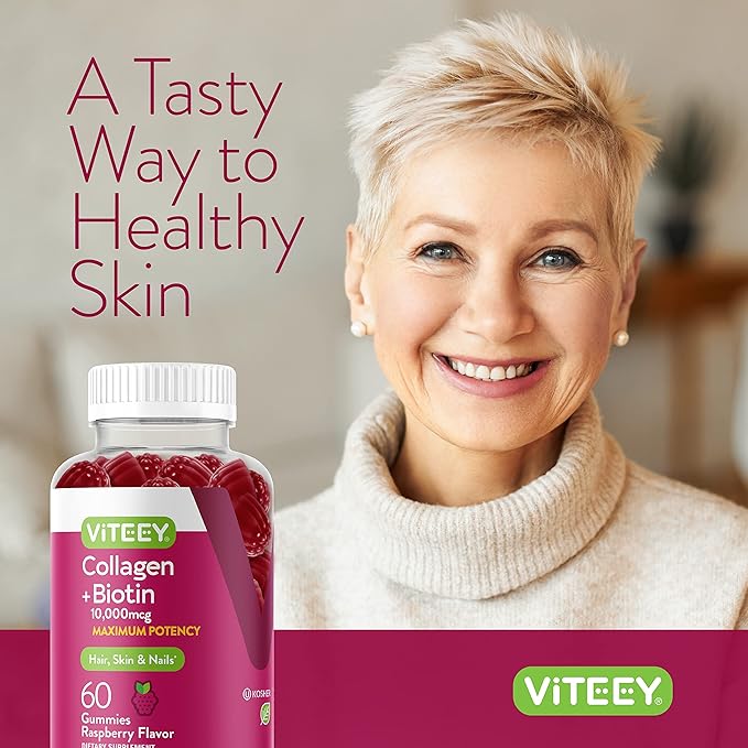Viteey Collagen Gummies with Biotin Gummies for Hair Skin and Nails Vitamins - Biotin and Collagen Supplements for Women & Men - Vegan, Gluten-Free – 60 Count