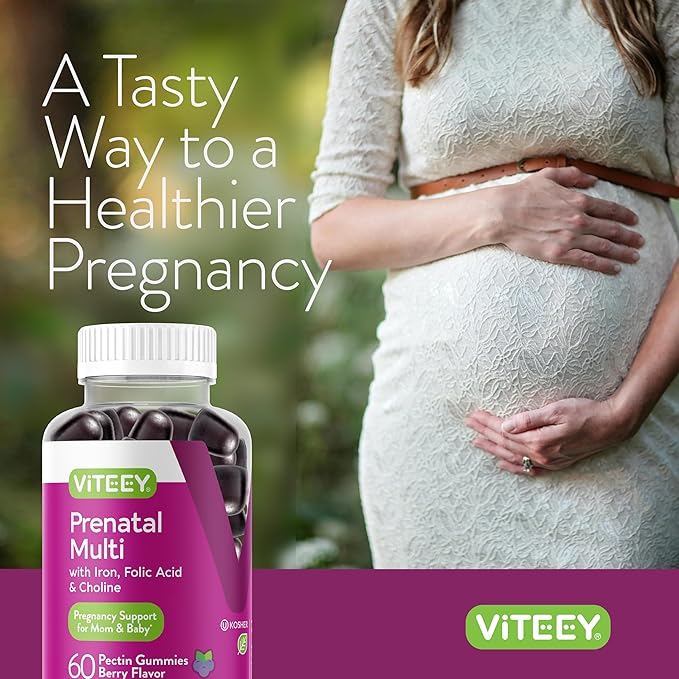 Viteey Prenatal Gummies for Women - Prenatal with Iron for Pregnancy with Choline & Folic Acid Gummies - Vegetarian, Gluten Free - 60 Count