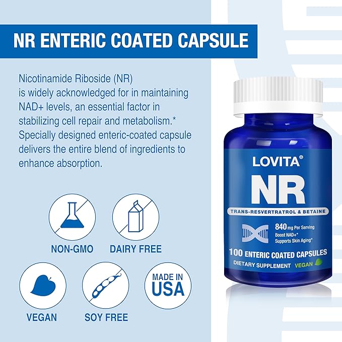 Lovita NR (Nicotinamide Riboside) 840 mg, NAD Supplement with Trans-Resveratrol and Betaine, Promote NAD Plus Levels, Healthy Aging, 100 Vegan Enteric-Coated Capsules
