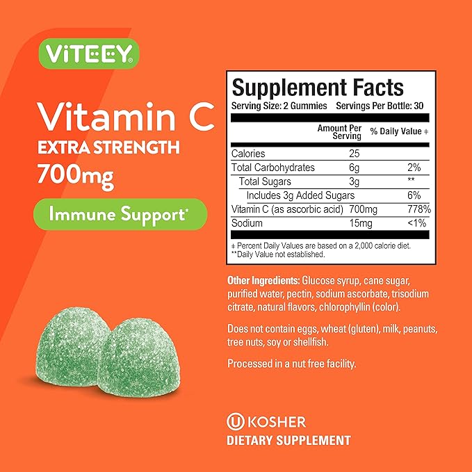 Viteey Vitamin C Gummies for Adults & Teens, 700mg Extra Strength - Immune Support Gummies - Immune Booster - Vegan, Gelatin Free -Tasty Vitamin C Chewable Sour Apple Flavored Gummy-60 Count