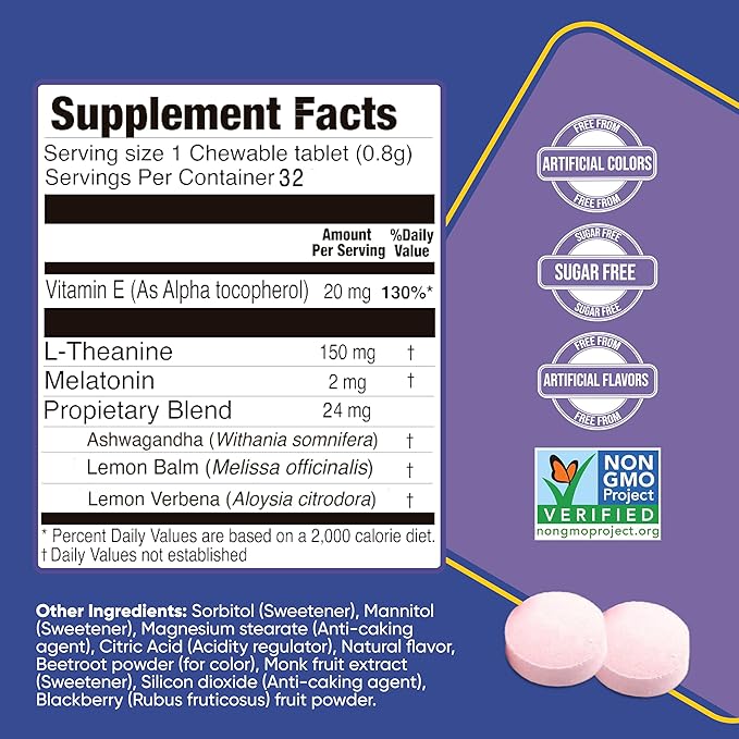 Natural Sleep Aid with Melatonin, Ashwagandha, Lemon Balm & L-Theanine – Drug-Free Sleep Support Supplement – Restful Sleep, Back to Sleep – BlackBerry Flavor – 32 Chewable Tablets