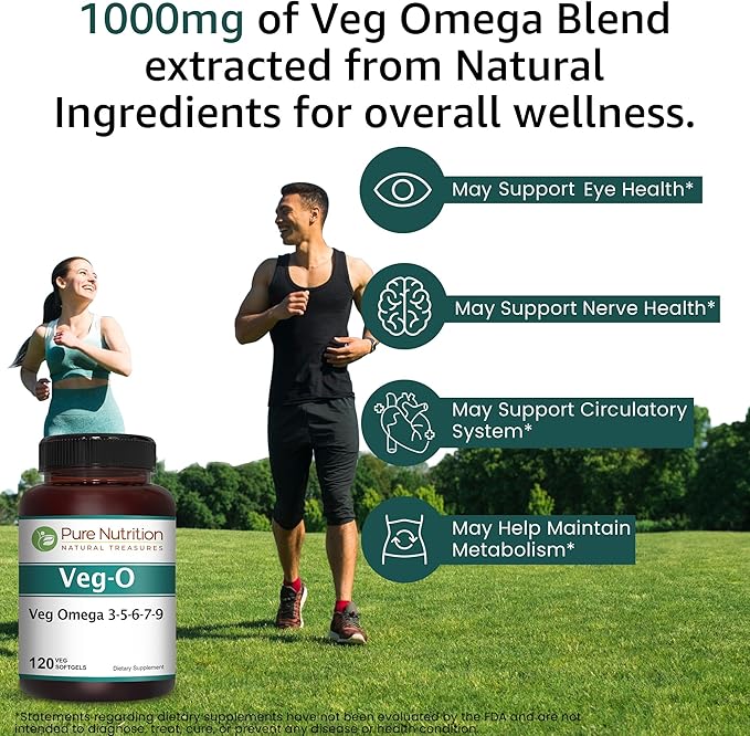 Pure Nutrition Vegan Omega 3-5-6-7-9 | 120 Softgels | 600mg per Serving of 2 Softgels | Multi Omega Supplement for Overall Health | Non GMO | Gluten Free