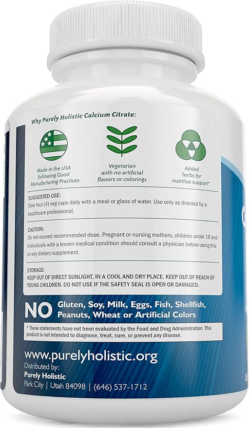 Calcium Citrate 1000mg - 365 Vegan Capsules not Tablets with Added Parsley, Dandelion and Watercress - Without Vitamin D - Made in The USA by Purely Holistic