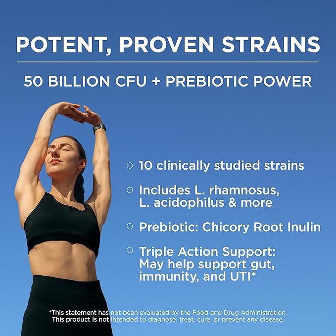 Omax Prebiotic & Probiotic 50 Billion CFU + Chicory Inulin, 10 Strains, Reduce Bloating, Digestion, SIBO, Leaky Gut, Vaginal pH, Acidophilus, Vegan, Dairy Free, Gluten Free, Blister Packaged