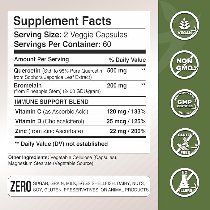 Gade Nutrition Quercetin with Vitamin C and Zinc - Quercetin 500mg - Quercetin with Bromelain - Zinc Quercetin - Quercetin Supplements + Vitamin D3 (Non-GMO, Gluten-Free, Vegan) - 6 Month Supply