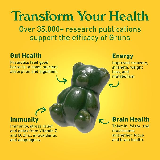 Gruns Sugar-Free Super Greens Gummies, Multivitamin Superfood Gummy Bears, Spirulina, Chlorella, Prebiotics & Fiber gummies for Digestive Health, Adaptogens Supplement, 20 Vitamins & Minerals, 10 pack