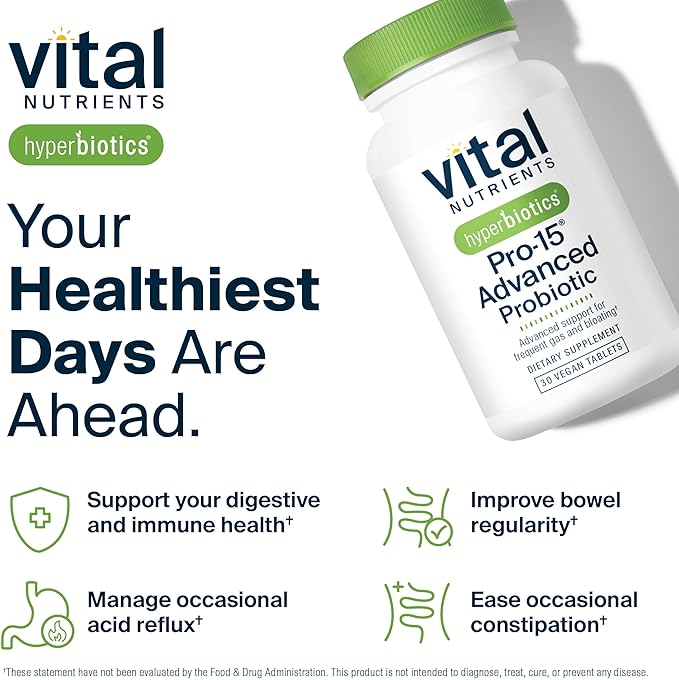 Hyperbiotics Vital Nutrients Pro-15 Advanced Probiotics for Women and Men | 15 Strains + Kiwifruit | Clinically Studied Daily Probiotics for Digestive Health, Gas, & Bloating | 30 Vegan Tablets