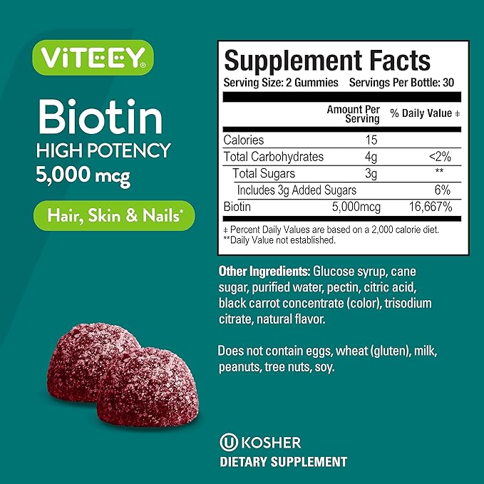 Viteey Biotin Gummies for Hair Skin and Nails - Biotin for Hair Growth Gummies - 5000 mcg - Vegan, Gluten-Free, Non-GMO – 60 Count