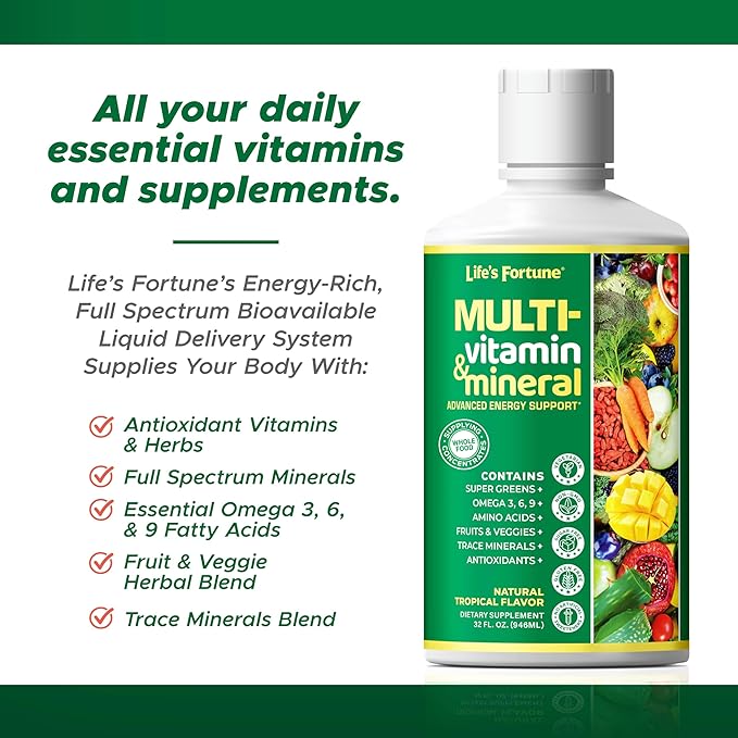 Life's Fortune Liquid Multivitamin for Adults Men & Women, Teens – High Absorption Daily Vitamins – Trace Minerals, Amino Acids with Biotin, L-Arginine, Potassium – Tropical Flavor, Sugar Free, 32 oz