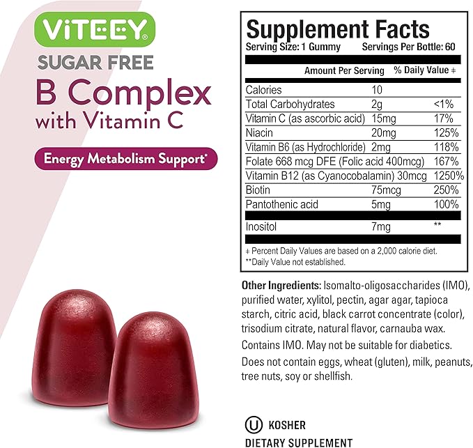 VITEEY Vitamin B Complex Gummies with Vitamin C, Sugar Free - Energy, Metabolism & Nerve Health - B6, B12, Folic Acid, Biotin - Vegan, Gelatin Free, GMO Free - Tasty Chewable Strawberry Flavored Gummy