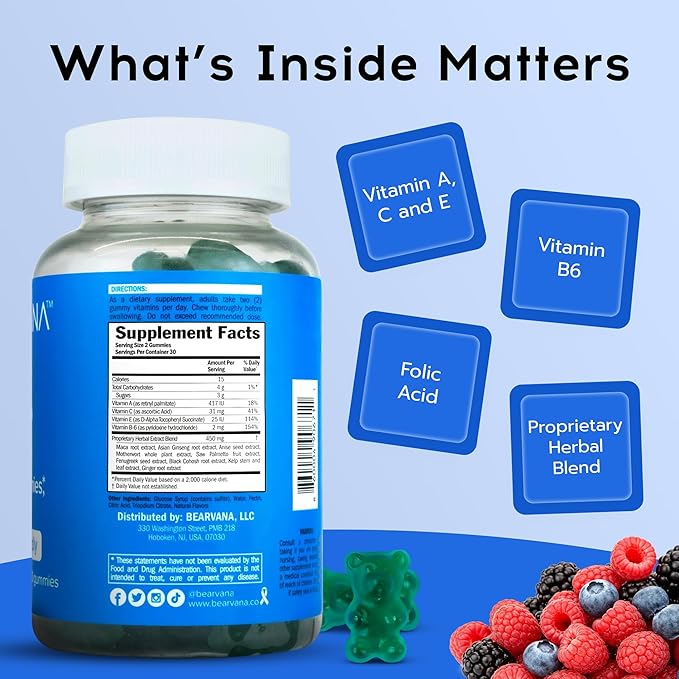 BEARVANA Peach Support Gummies for Women | Fitness Supplement | Boost Confidence | 9 Herbal Extracts Including Maca Root, Fenugreek and Ginger Root | Essential Vitamins | Berry Flavor | 60 Gummies