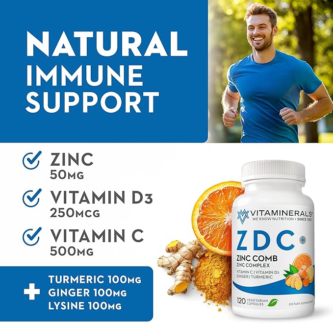 Vitaminerals® Z D C, Zinc Complex 50mg | Vitamin D3 250mcg | Vitamin C 500mg | Ginger | Lysine | Turmeric | Vegetarian Capsules| 120 Servings