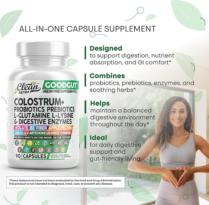 Clean Nutraceuticals Colostrum Supplement Capsules Probiotics Pills Prebiotics, L-Glutamine, Digestive Enzymes, Folate, Fiber, ACV, Turmeric, Apple Pectin and Turmeric Good Gut