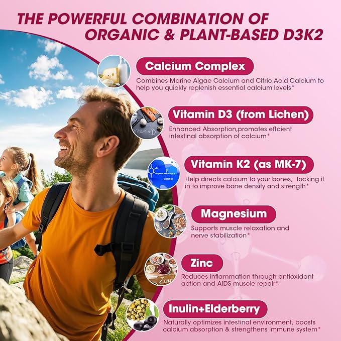 Vitamin D3 10000 IU + K2 (MK-7) 200mcg w/Calcium Magnesium Zinc Elderberry & Inulin-Highly Bioavailable-Enhanced Absorption for Immune & Bone Support- K2 D3 Vitamin Supplement-Vegan Gummies
