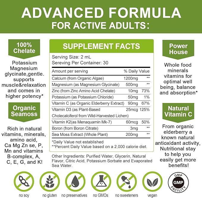 Calcium Magnesium Zinc Liquid with Vitamin D3, Magnesium Glycinate Plus Vitamin C K2| High Absorption Plant Calcium Supplement for Heart & Bone| Gluten Free,Sugar-Free | 30 Servings | Lemon Flavor