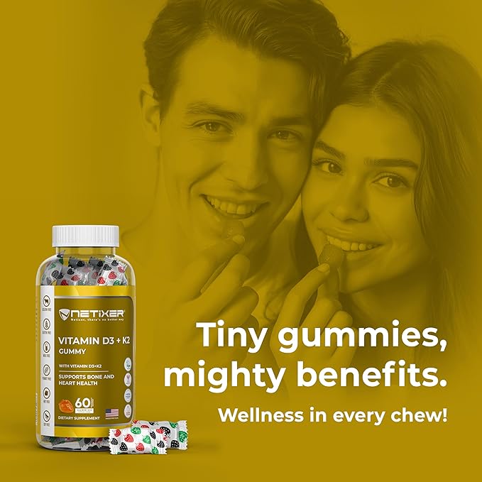 Vitamin D3 + K2 Gummies β Bone & Heart Support β with 10 mcg D3 (Cholecalciferol) & 55 mcg MK-7 K2 β Vegan, Gluten-Free, Gelatin-Free β Orange Flavor β Non-GMO β 60 Gummies β Allergen-Free