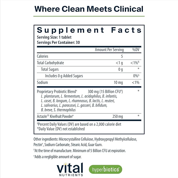 Hyperbiotics Vital Nutrients Pro-15 Advanced Probiotics for Women and Men | 15 Strains + Kiwifruit | Clinically Studied Daily Probiotics for Digestive Health, Gas, & Bloating | 30 Vegan Tablets