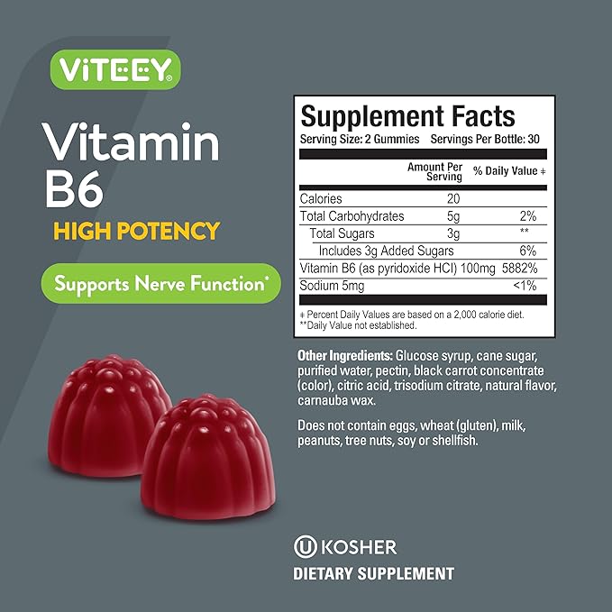 Viteey Vitamin B6 Gummies - Energy, Nerve & Mood Support - B6 Vitamins 100mg - Vegan, Gluten Free, GMO Free - 120 Count