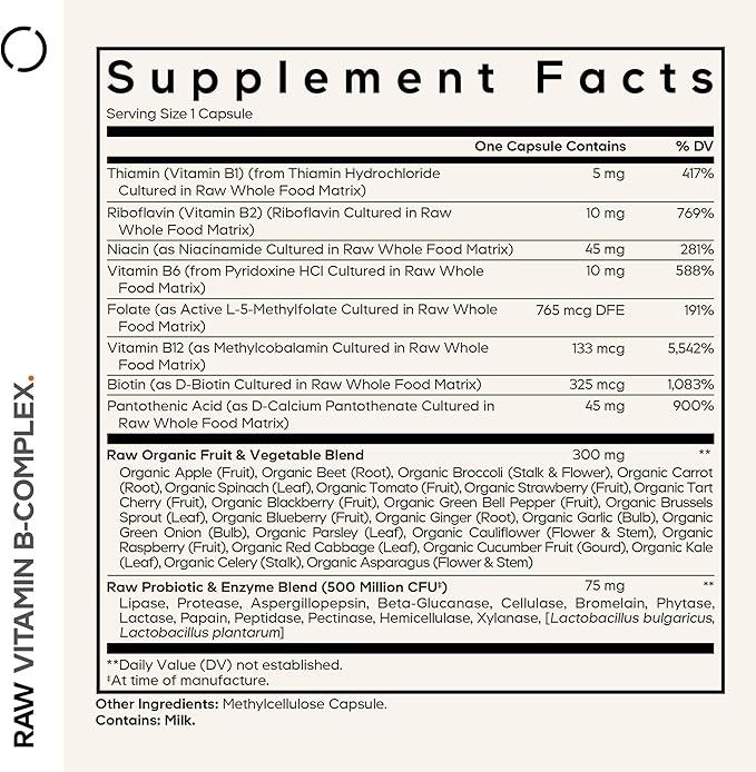 Codeage Raw Vitamin B-Complex Supplement - Essential B Vitamins with Probiotics, Digestive Enzymes, Fruits & Vegetables - 2-Month Supply - Methylfolate - Biotin - Vitamin B12 - Non-GMO - 60 Capsules