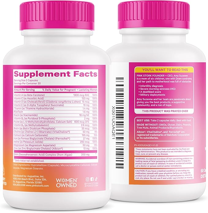 Pink Stork Total Prenatal Vitamins with DHA, Folate, Iron, Choline, and Vitamin B12 - Prenatals for Women to Support Fetal Development, Pregnancy Essentials, Berry Essence, 60 Capsules, 1 Month Supply